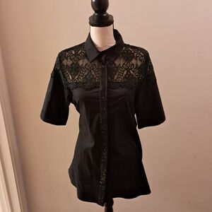 Kazee Top Women's 38 M Black Floral Lace Rhinestones Cotton Boutique Turkish